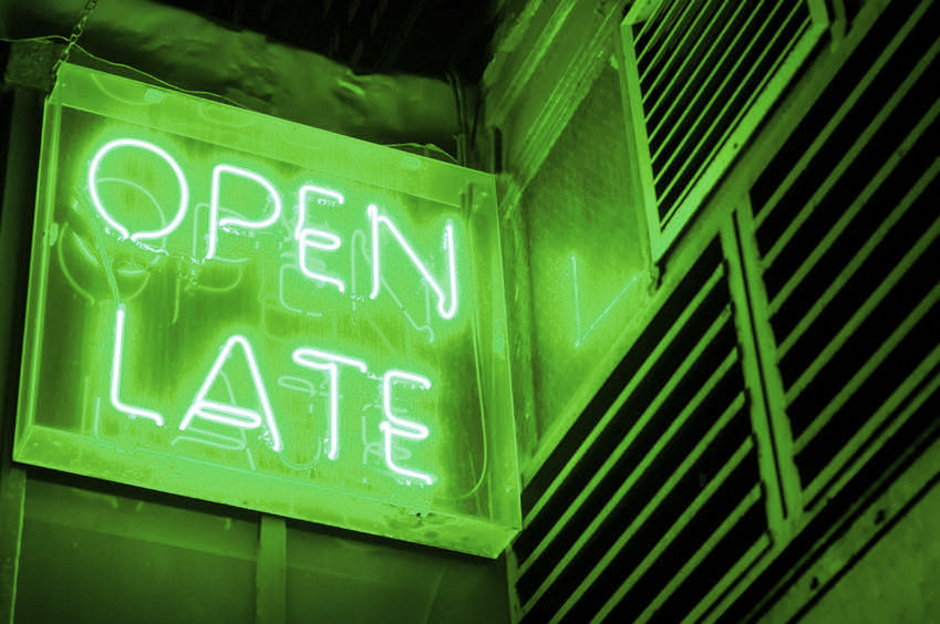 green neon open late sign